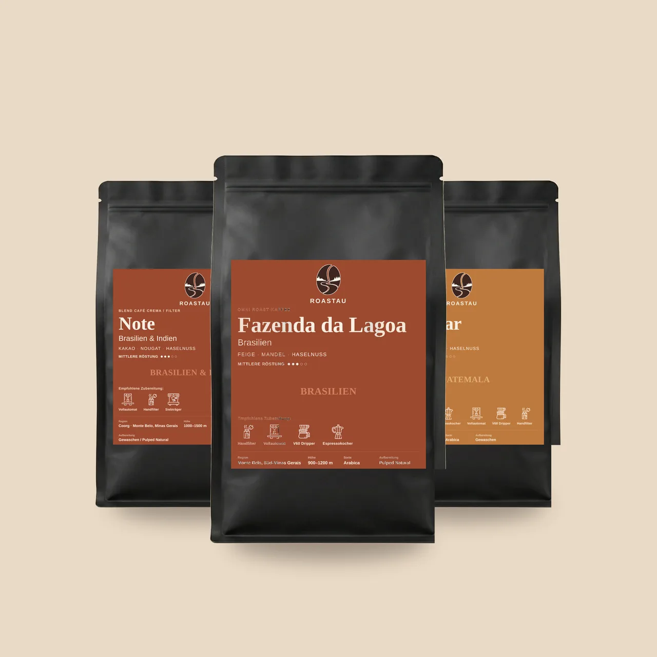 Espresso Bohnen Probierpaket 3 × 250g – Nougat, Haselnuss, Karamell, Kakao | Roastau