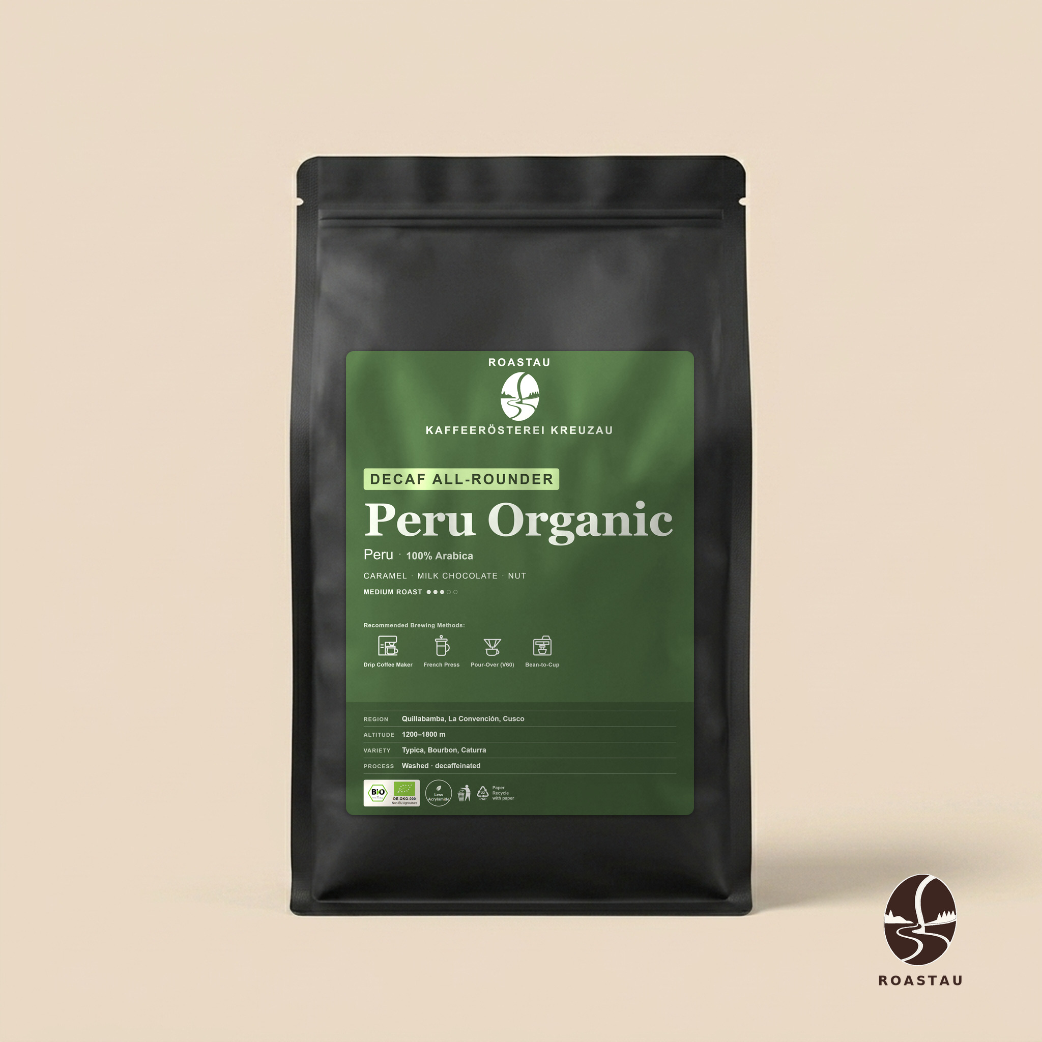 Peru Organic — Decaffeinated – Peru – Caramel, Milk Chocolate, Nut, Mild Citrus | Roastau