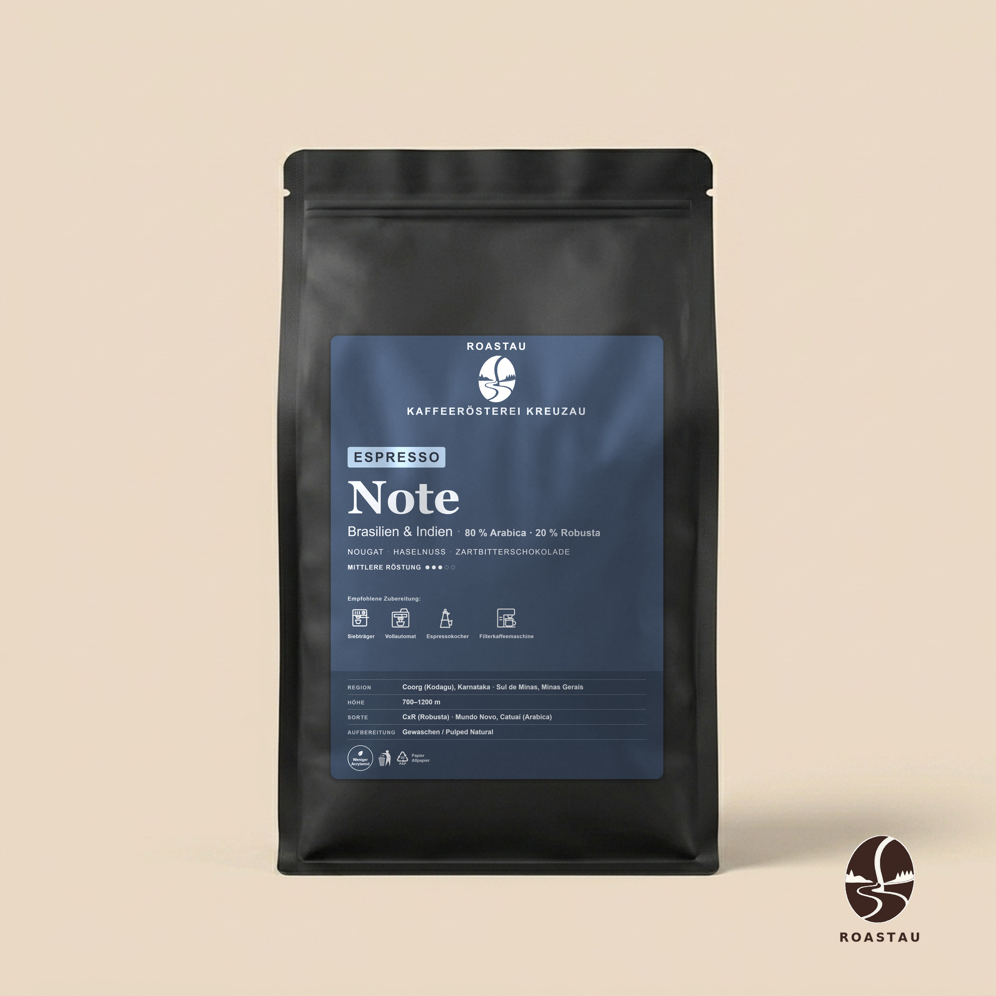 Note — Espressomelange Brazilië & India – nougat, hazelnoot, pure chocolade, cacao | Roastau
