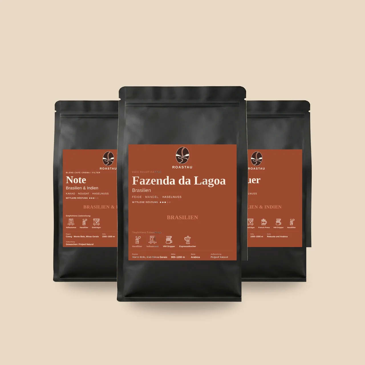 Probierpaket Trio 3 × 250g — 2× Espresso, 1× Café Crema – Nougat, Haselnuss, Kakao, Karamell | Roastau