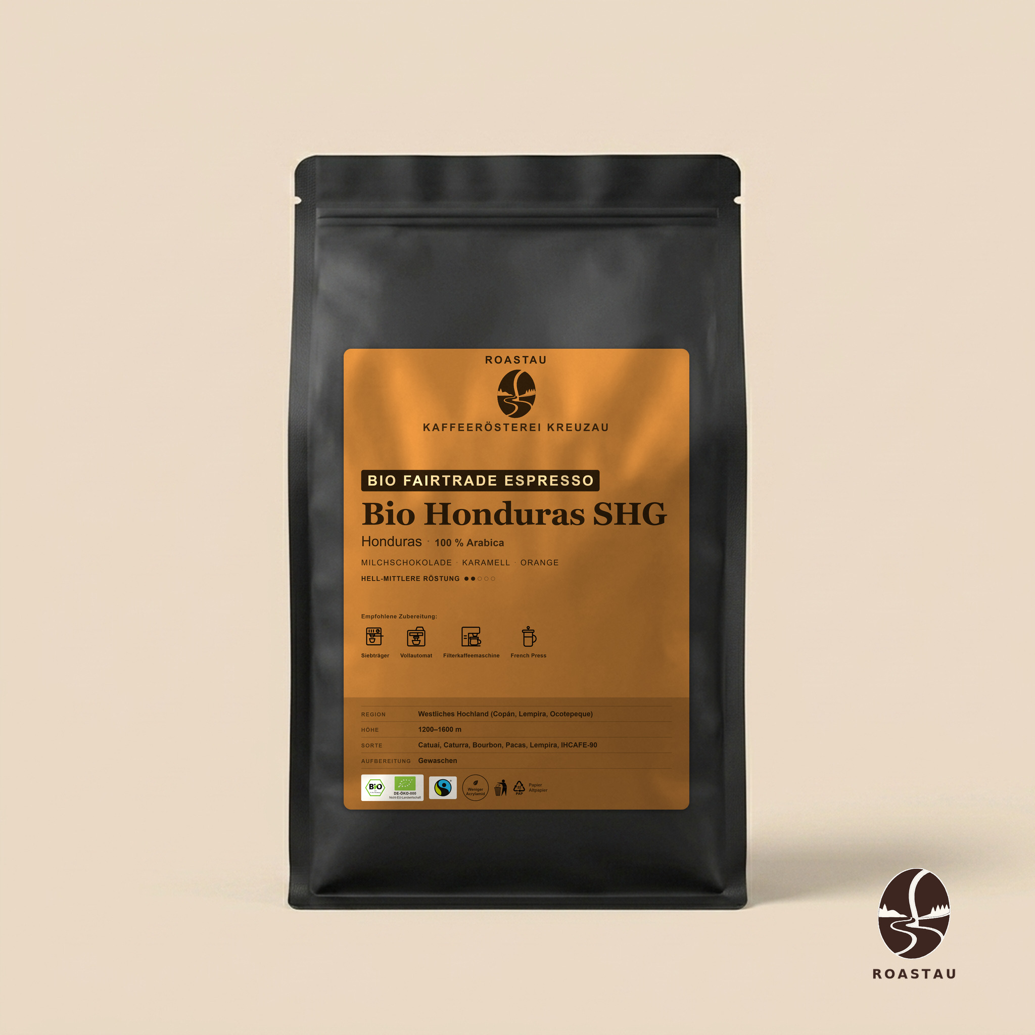 Bio Honduras SHG — Espresso Fairtrade · Entkoffeiniert – Honduras – Milchschokolade, Karamell, Orange, Mandel | Roastau