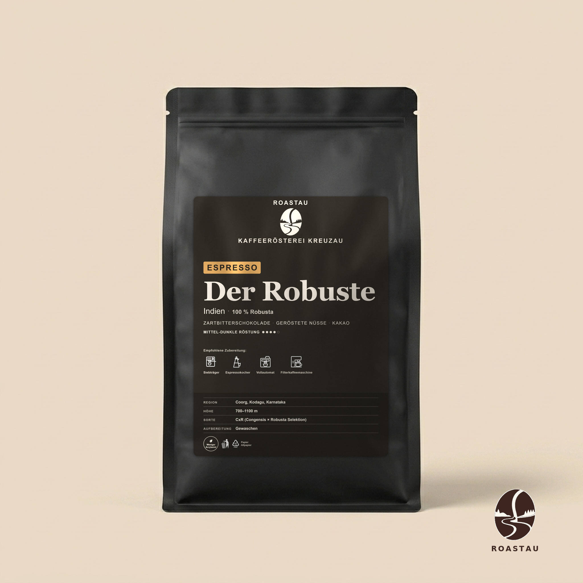 Der Robuste — Indien Robusta Espresso – Indien – Zartbitterschokolade, geröstete Nüsse, Kakao, Gewürznoten | Roastau