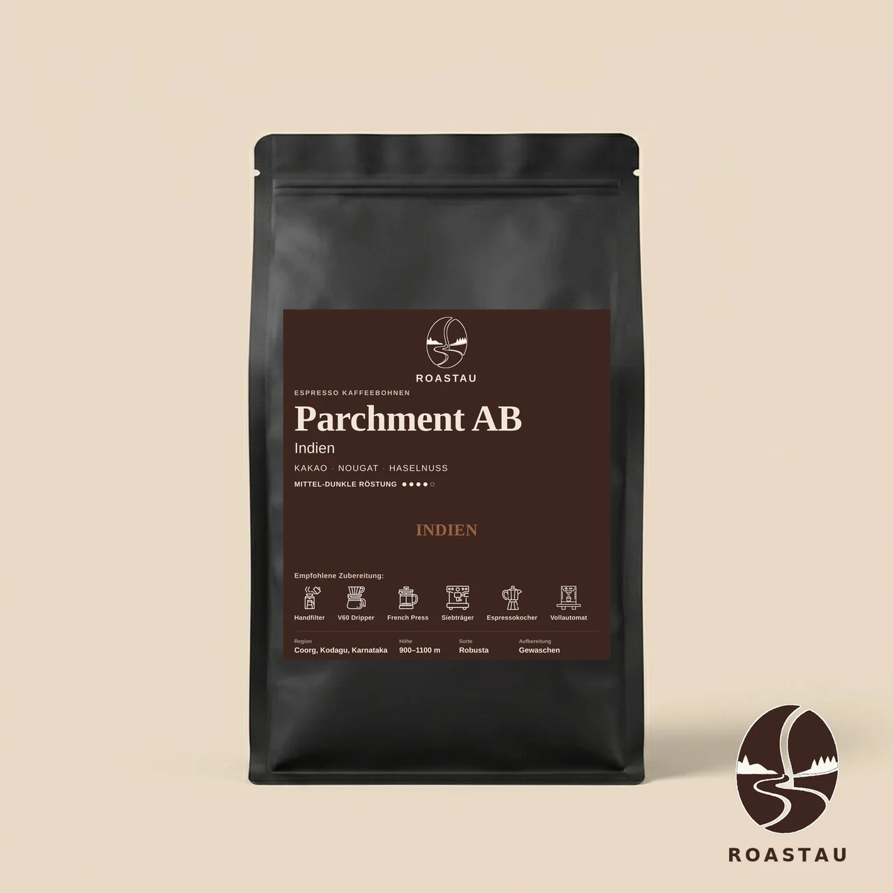 Indien Robusta Parchment AB Espresso – Nougat, Haselnuss, geröstete Nüsse, Kakao | Roastau